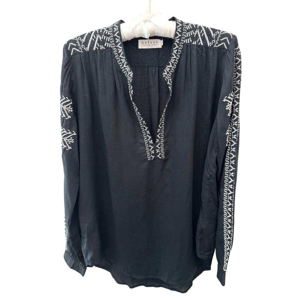 VELVET BY GRAHAM & SPENCER | Black Embroidered Boho V Neck Blouse Top | Small